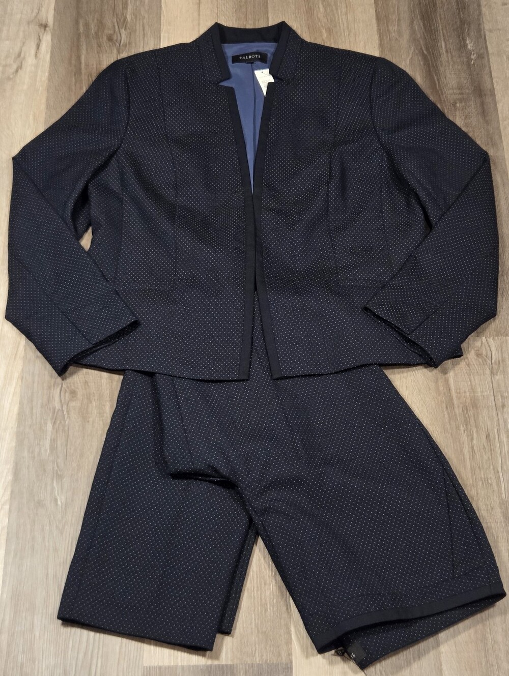 Talbots Aberdeen blazer jacket matching pants set navy blue polka